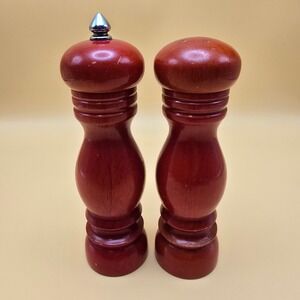 Vintage Najico Japan Salt Pepper Set Red Wood Grinder Mill 6" Mid Century